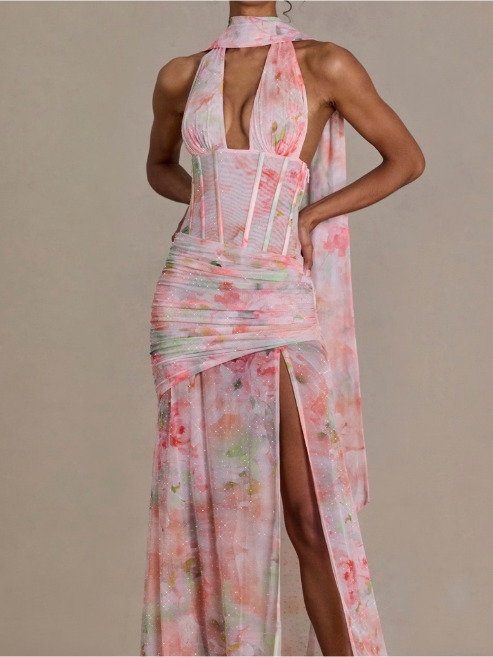 Oh Polly ‘Primrose’ Floral Pink Halter Corset Maxi Dress